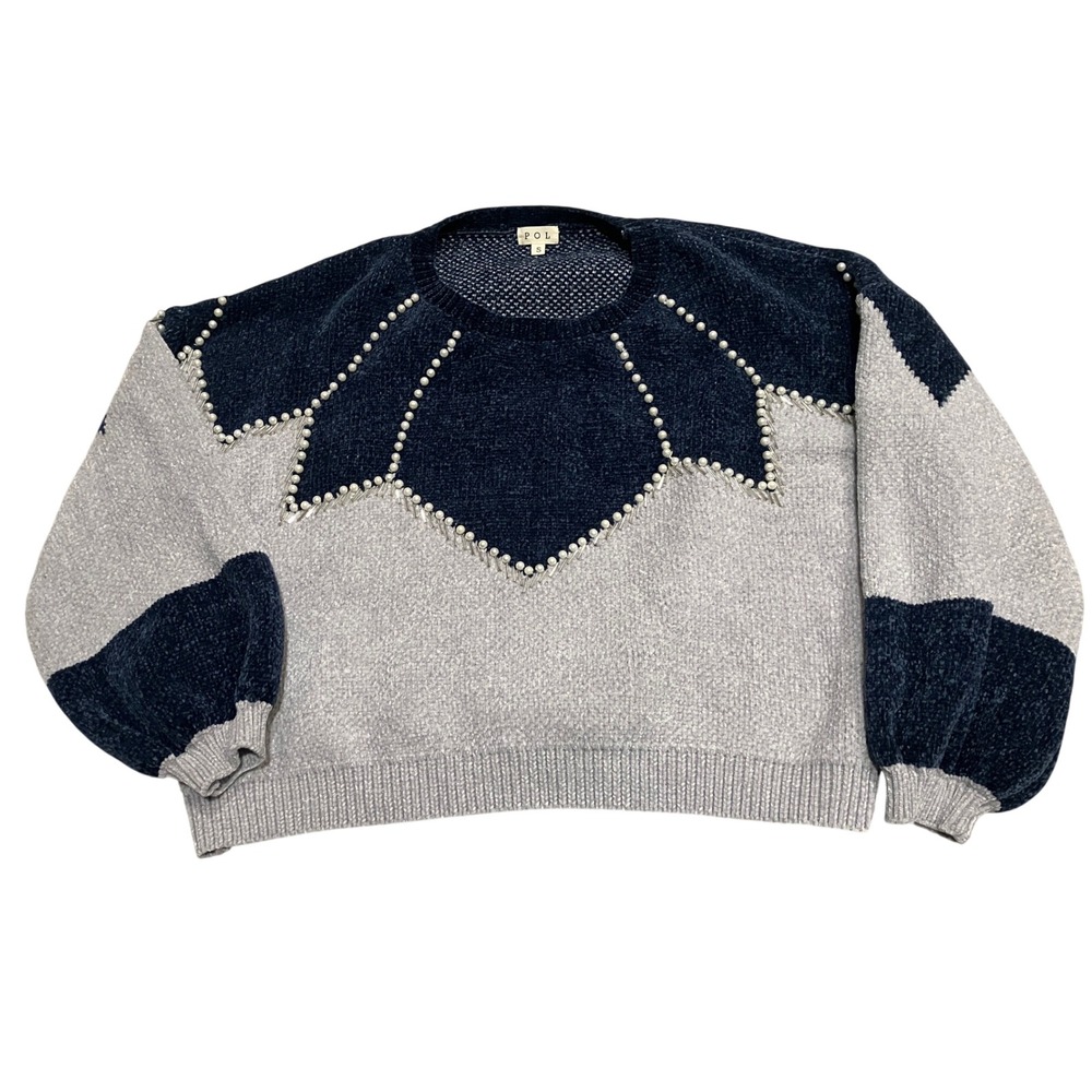POL Clothing Women‎ Blue Grey Chenille Pearl Beaded Fringe Sweater TSS184 Small